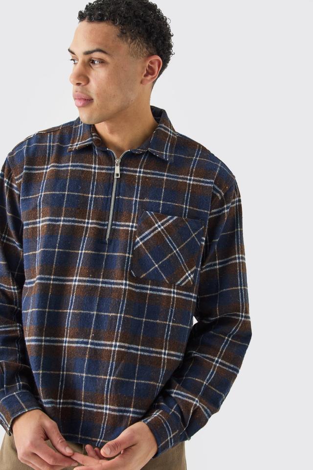 Quarter Zip Brushed Check Shirt | boohooMAN USA Product Image