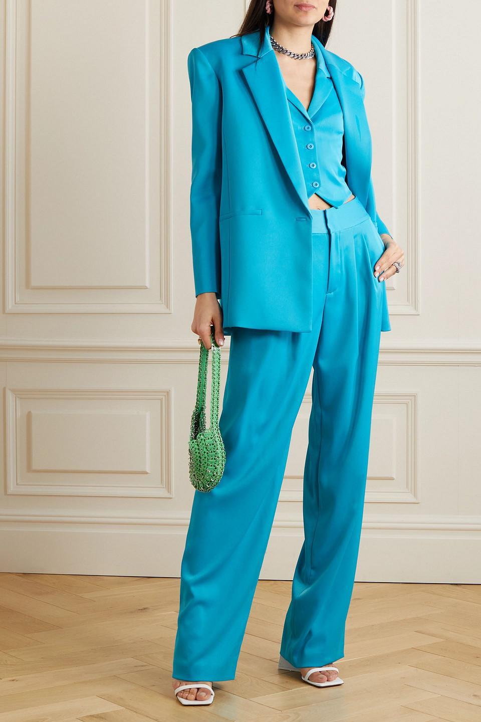 ALICE AND OLIVIA Donna Satin-crepe Halterneck Vest In Turquoise Product Image