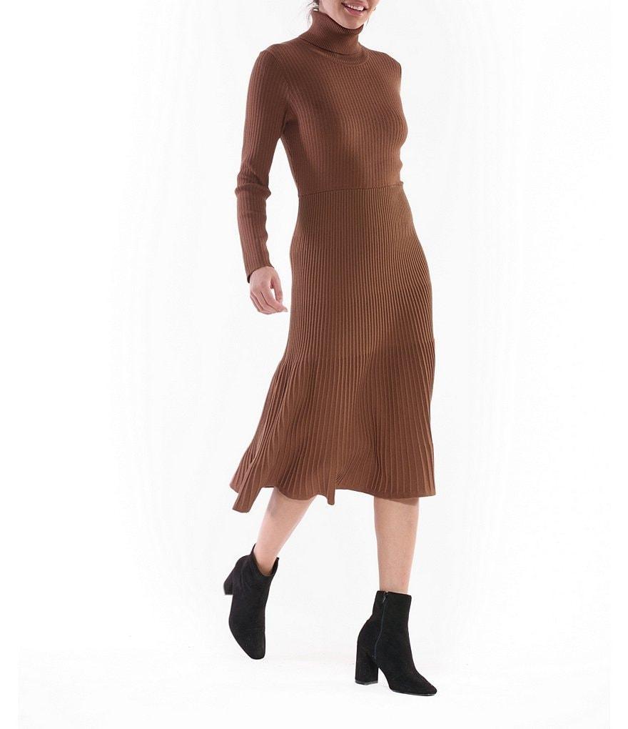 Julia Jordan Rib Knit Turtle Neck Long Sleeve Flounce Hem Midi Sweater Dress Product Image