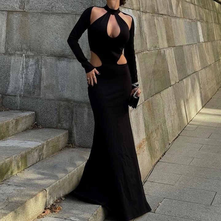 Long-Sleeve Halter-Neck Plain Cutout Maxi Mermaid Dress Product Image