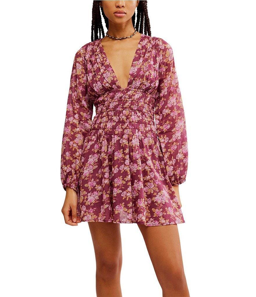 Free People Keep You Floral Print V-Neck Long Sleeve Mini Dress Product Image