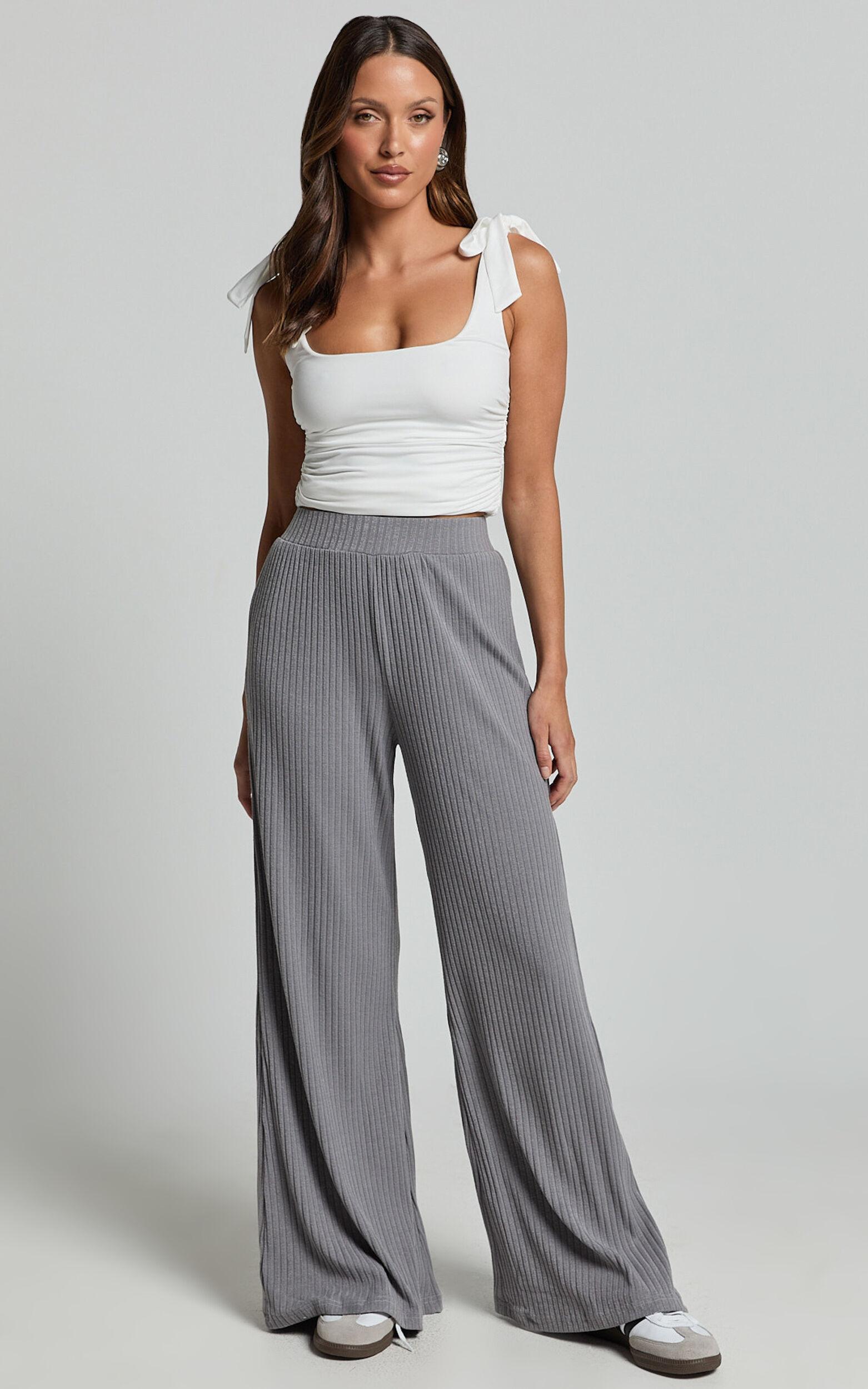 Adriana Pants - Ribbed High Waist Wide Leg Pants in Slate Grey Product Image