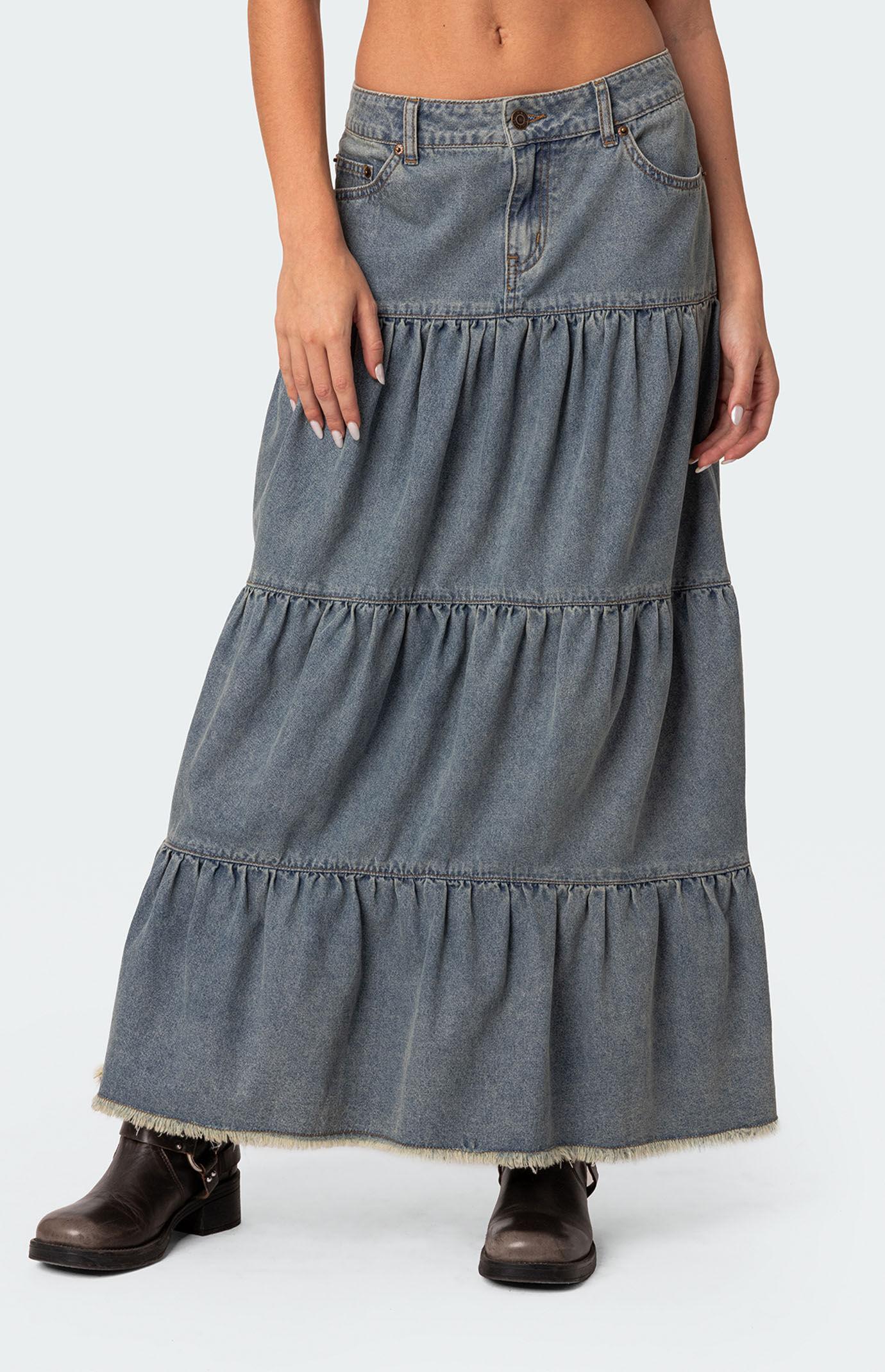 Edikted Women's Countryside Tiered Washed Denim Maxi Skirt Product Image