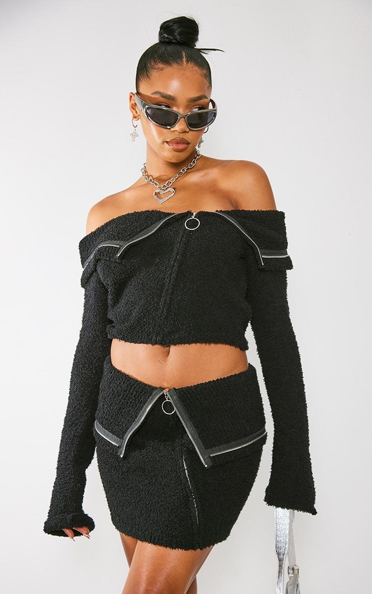  Black Fluffy Knit Fold Over Zipped Crop Top Product Image