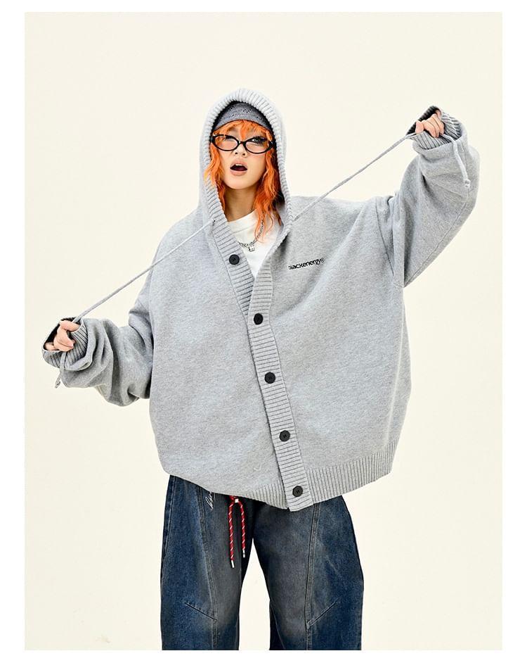 Drop Shoulder Hooded Lettering Button Up Oversized Cardigan Product Image