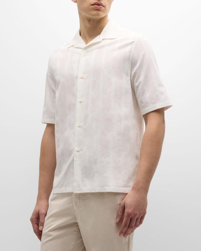 Brunello Cucinelli Easy Fit Textured Stripe Cotton Camp Shirt Product Image