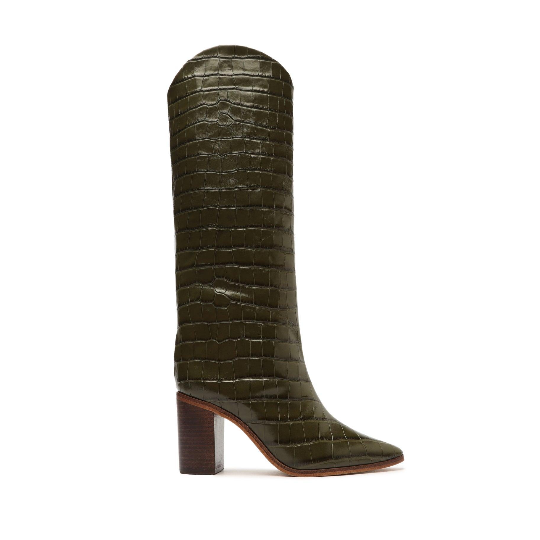 Maryana Block Crocodile-Embossed Leather Boot - 5 Military Green Crocodile-Embossed Leather Product Image