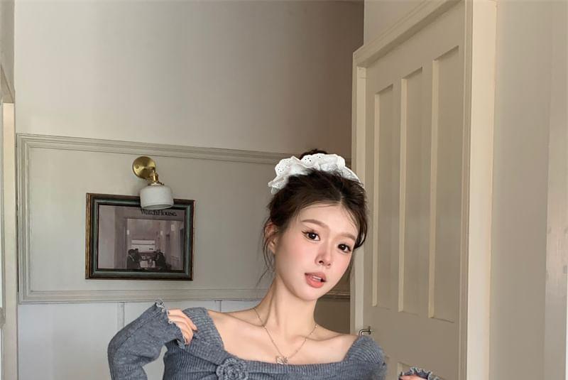 Long-Sleeve Square Neck Flower Accent Asymmetrical Ribbed Knit Top Product Image