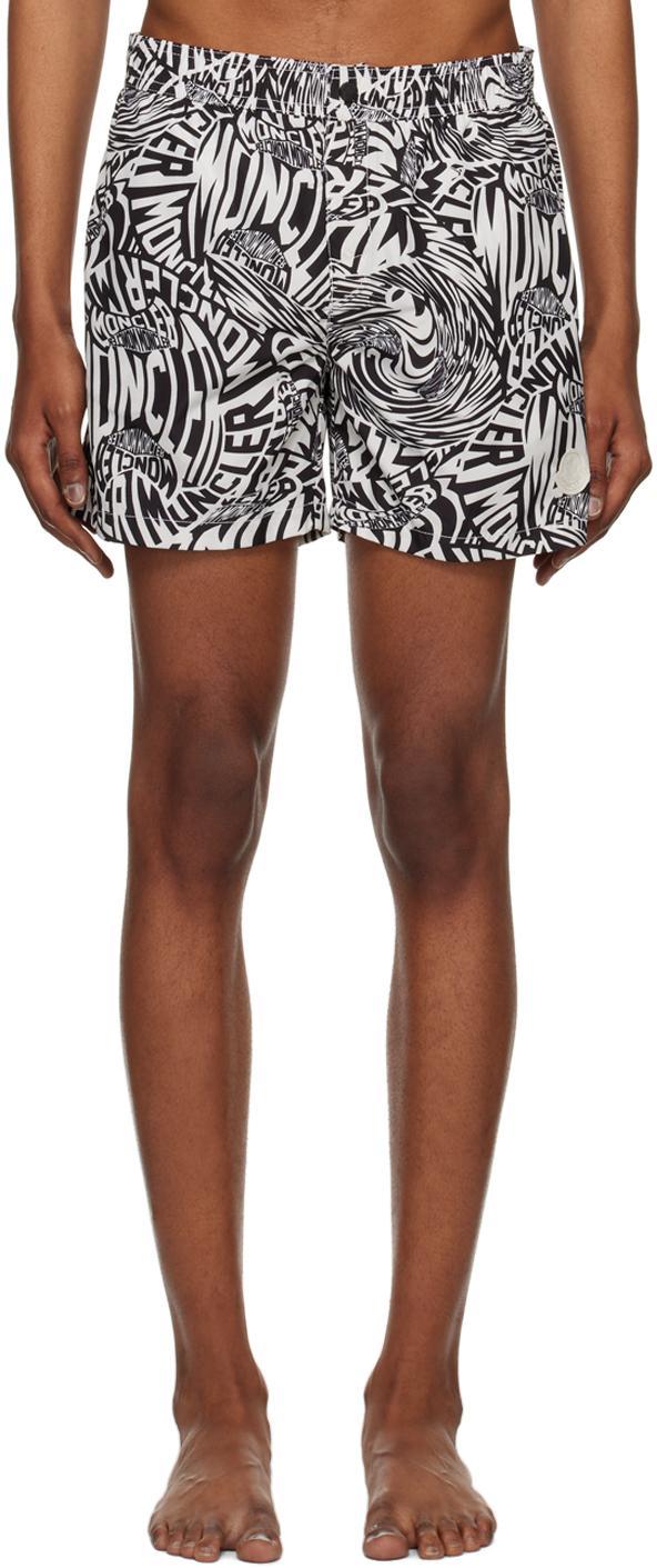 Black & White Printed Swim Shorts In Black White Wavy Print Product Image