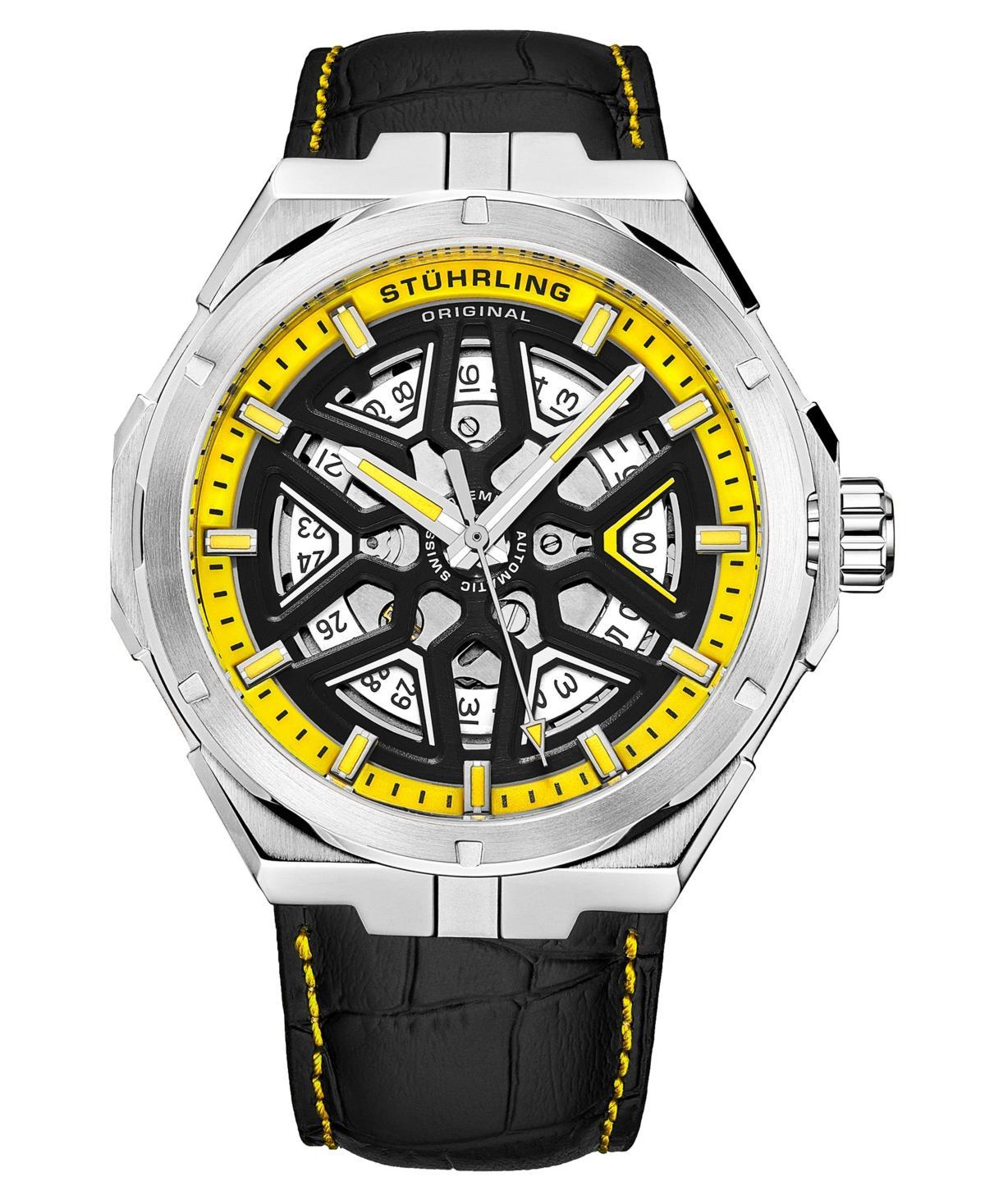 Mens Automatic Black Alligator Embossed Genuine Leather Strap with Yellow Stitching Watch 44mm Product Image