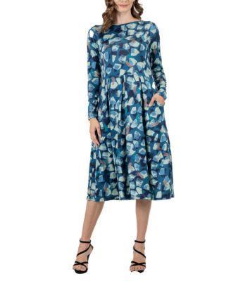 24seven Comfort Apparel Womens Print Long Sleeve Pleated Midi Dress Product Image