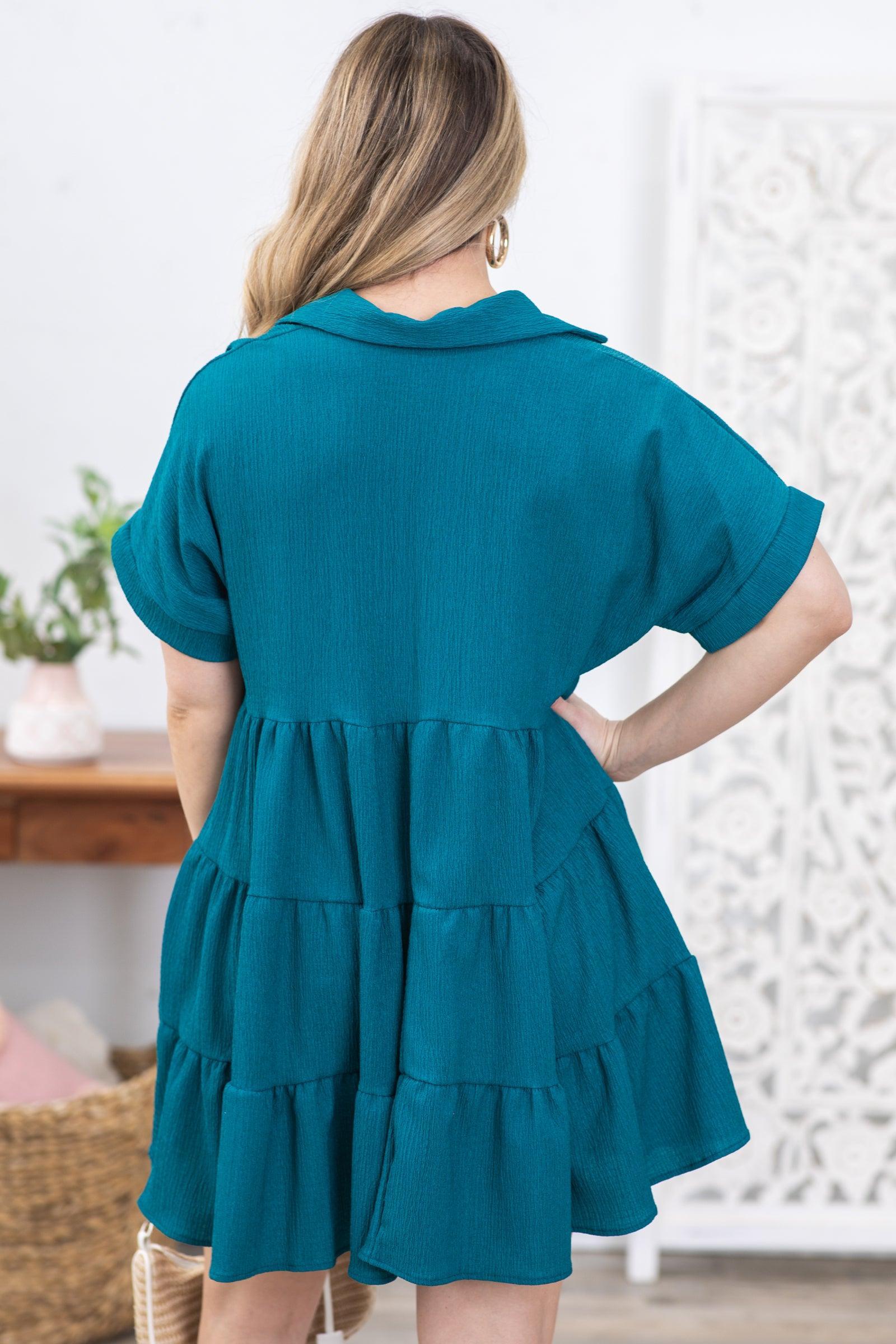 Teal Woven Short Sleeve Collar Button Dress Product Image