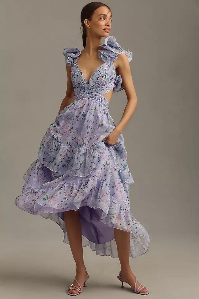 Mac Duggal Flutter-Sleeve V-Neck Tiered Midi Dress Product Image