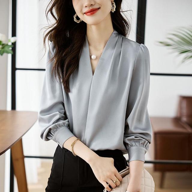 Puff-Sleeve V-Neck Satin Blouse Product Image