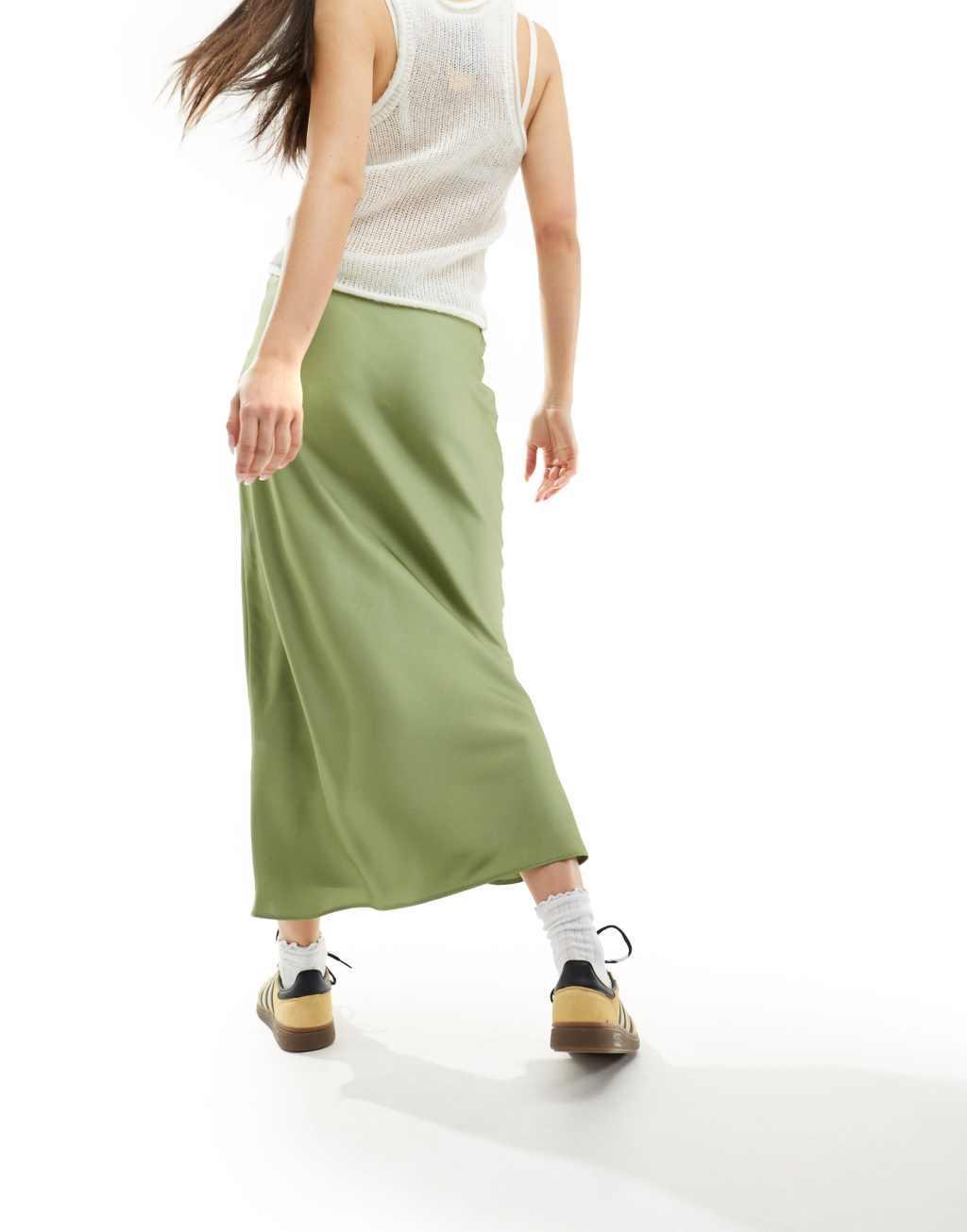 ASOS DESIGN satin bias midi skirt in khaki Product Image