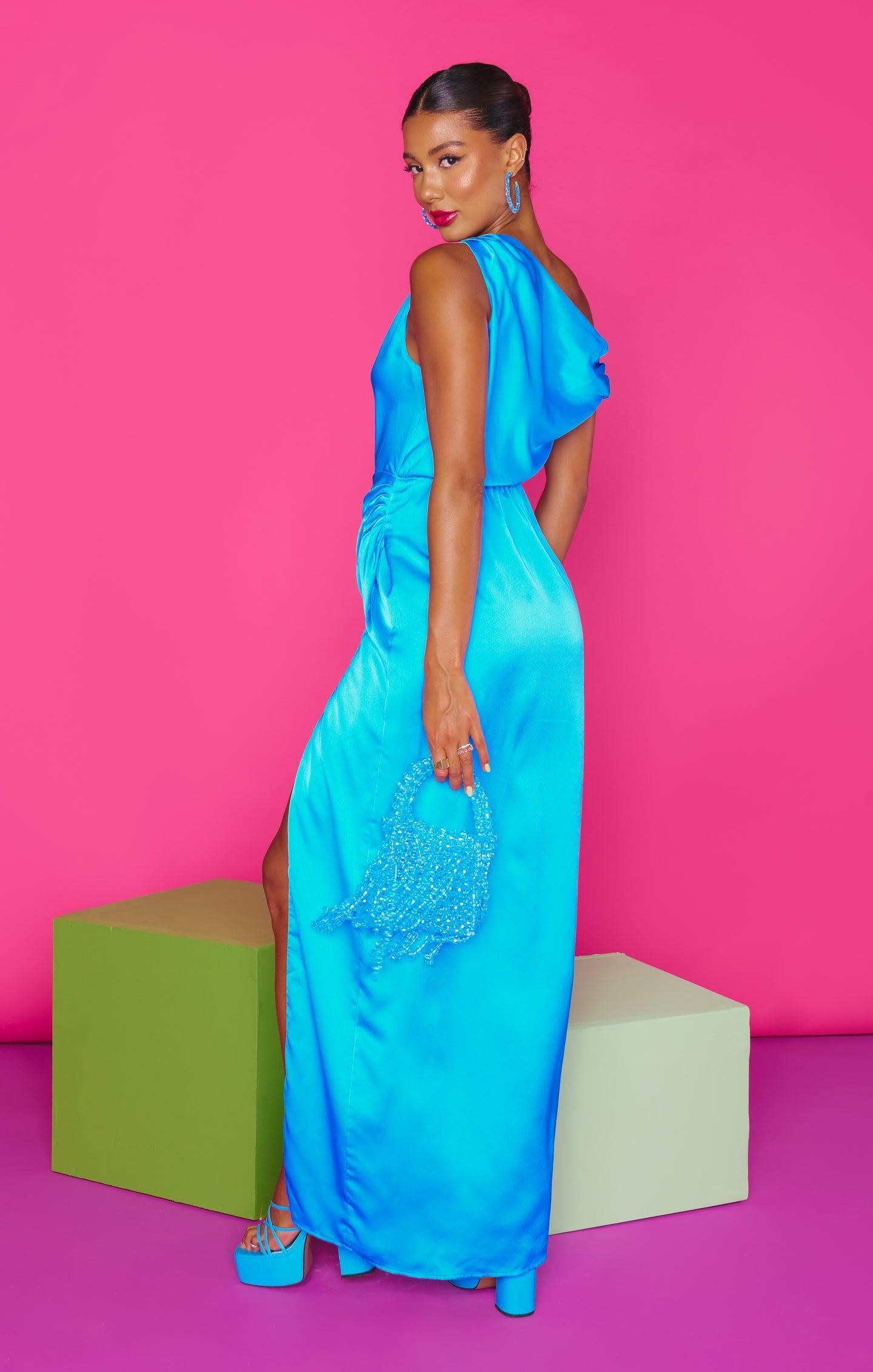 Jodie Dress ~ Azure Blue Luxe Satin Product Image