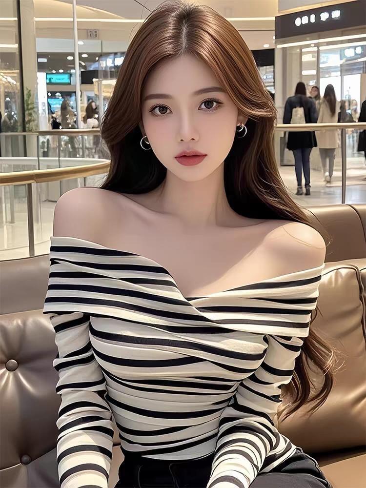 Long-Sleeve Off-Shoulder Striped Tee Product Image