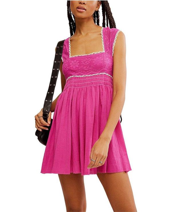 Free People Heartland Lace Contrast Trim Square Neck Tie Back Sleeveless A-Line Mini Dress Product Image