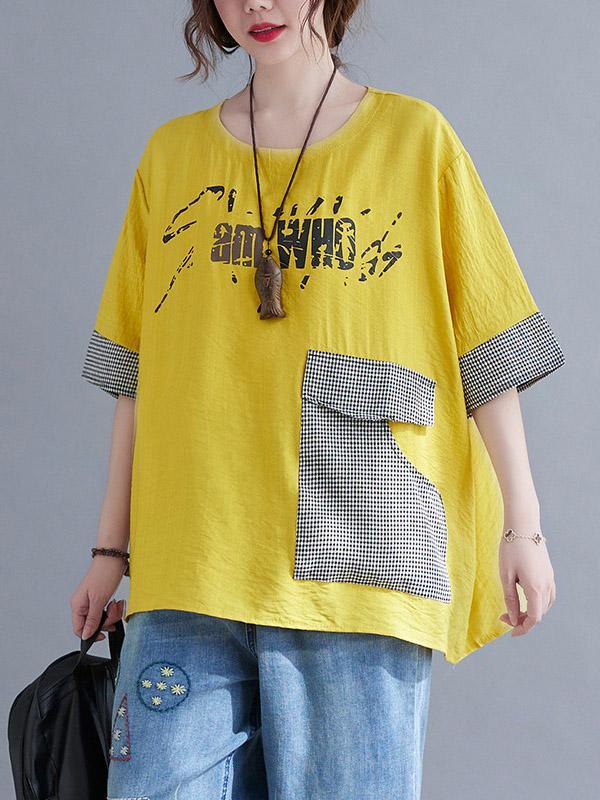 Original Letter Print Split-Joint Round-Neck T-Shirts Tops Product Image