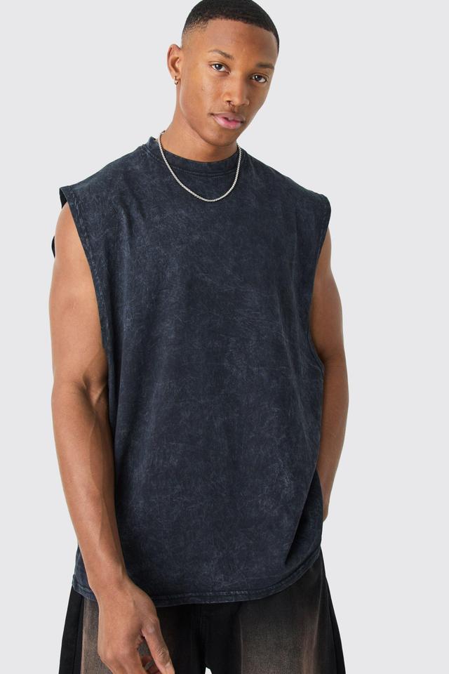 Mens Grey Oversized Drop Armhole Acid Wash vest, Grey Product Image