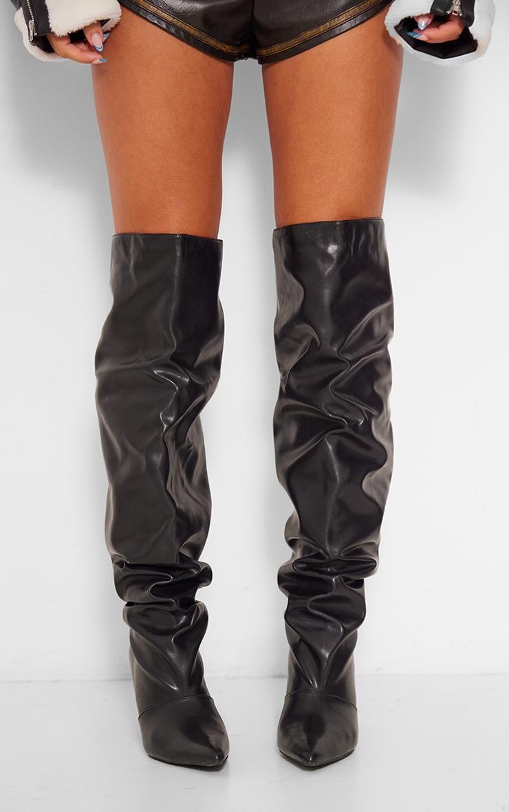 Black PU Point Toe Ruched Knee High Stiletto Heeled Boots Product Image