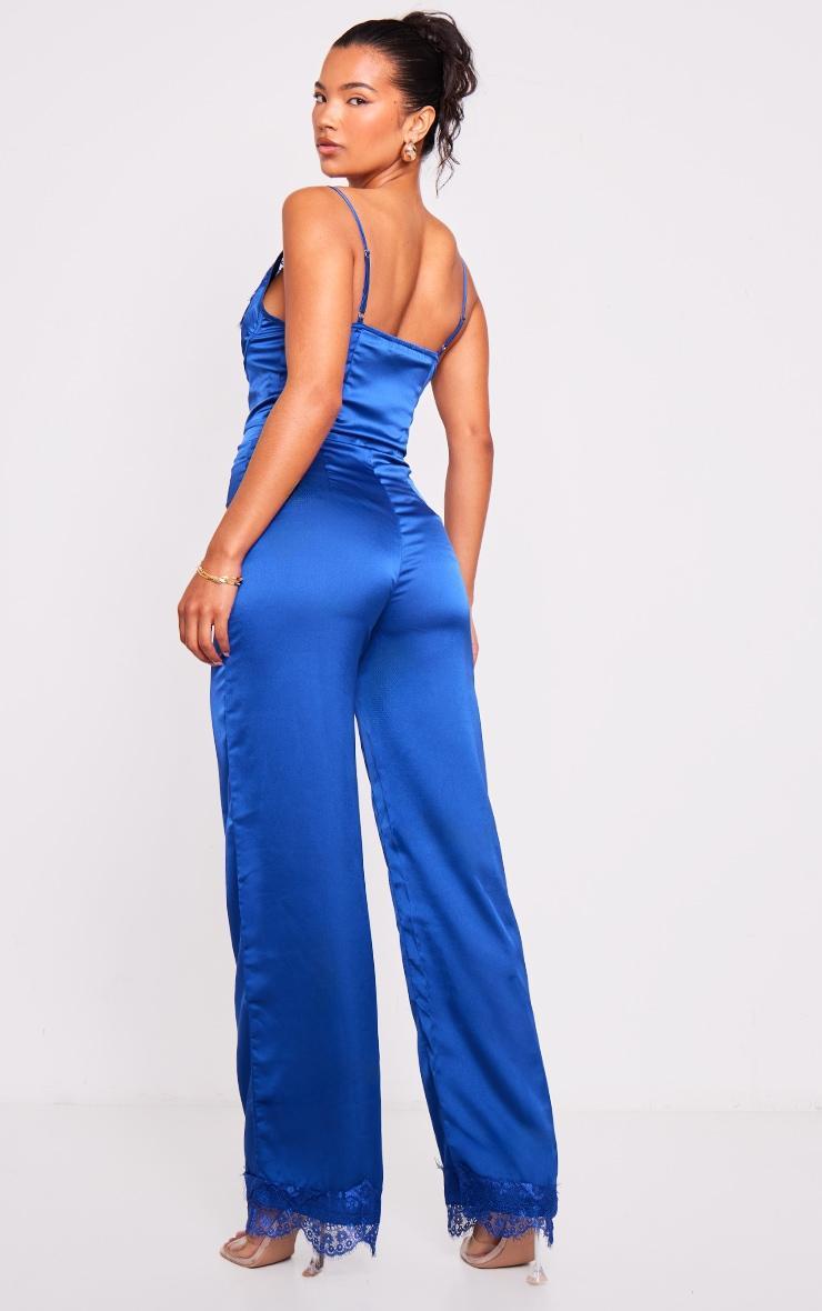 Blue Satin Lace Trim Detail Jumpsuit Product Image