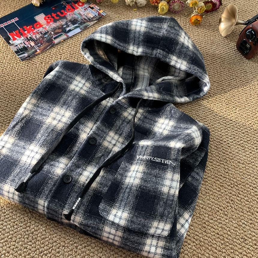 Plaid Drawstring Pocket Detail Hooded Button Jacket Product Image