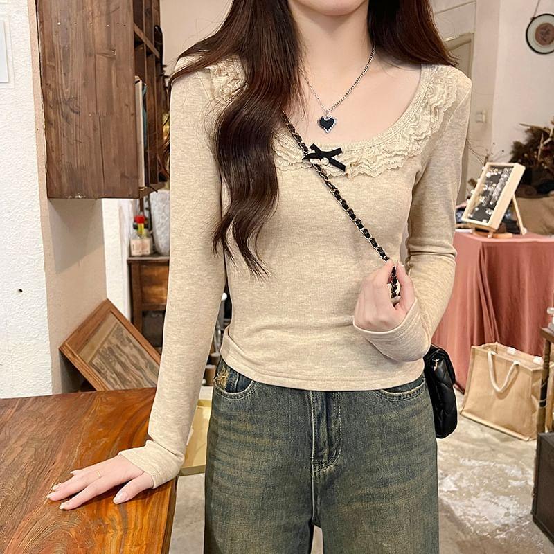 Long-Sleeve Scoop Neck Lace Ruffle T-Shirt Product Image