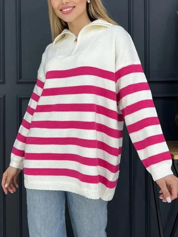 Long Sleeves Loose Contrast Color Split-Joint Striped Zipper Lapel Pullovers Sweater Tops Product Image