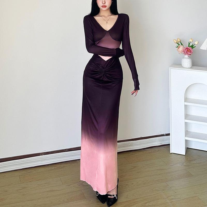 Long Sleeve V-Neck Gradient Ruched Maxi Sheath Dress Product Image