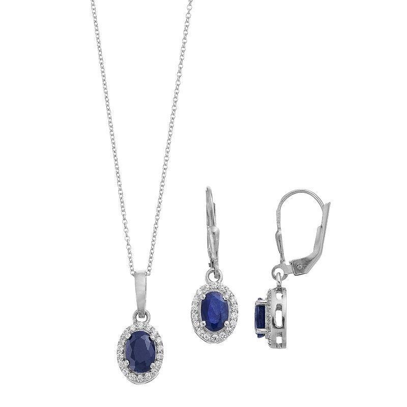 Sterling Silver Genuine Sapphire & Cubic Zirconia Halo Drop Earrings & Pendant Necklace Set, Womens, White Product Image