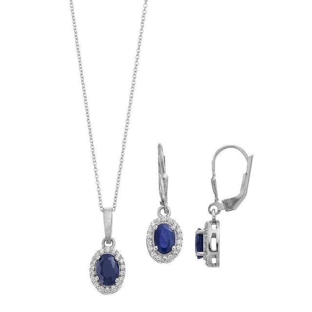 Sterling Silver Genuine Sapphire & Cubic Zirconia Halo Drop Earrings & Pendant Necklace Set, Womens, White Product Image