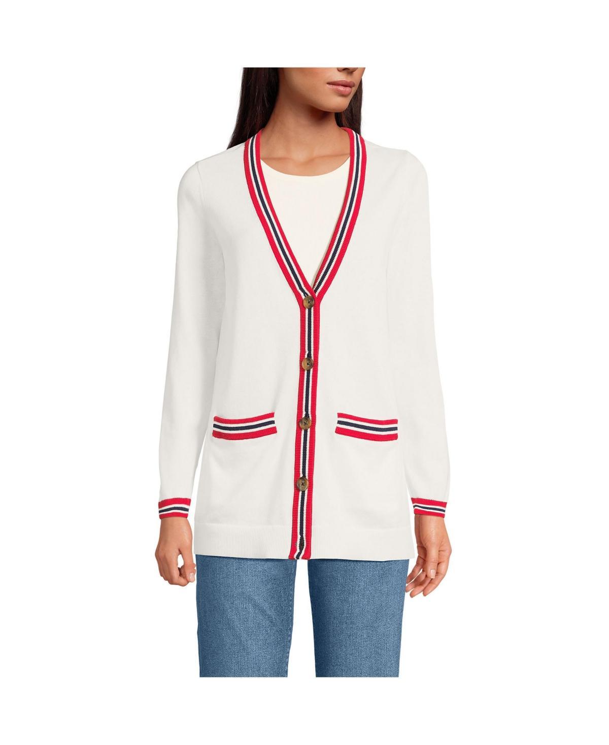 Womens Lands End Cotton V-Neck Cardigan Sweater Red Blue Tip Stripe Product Image