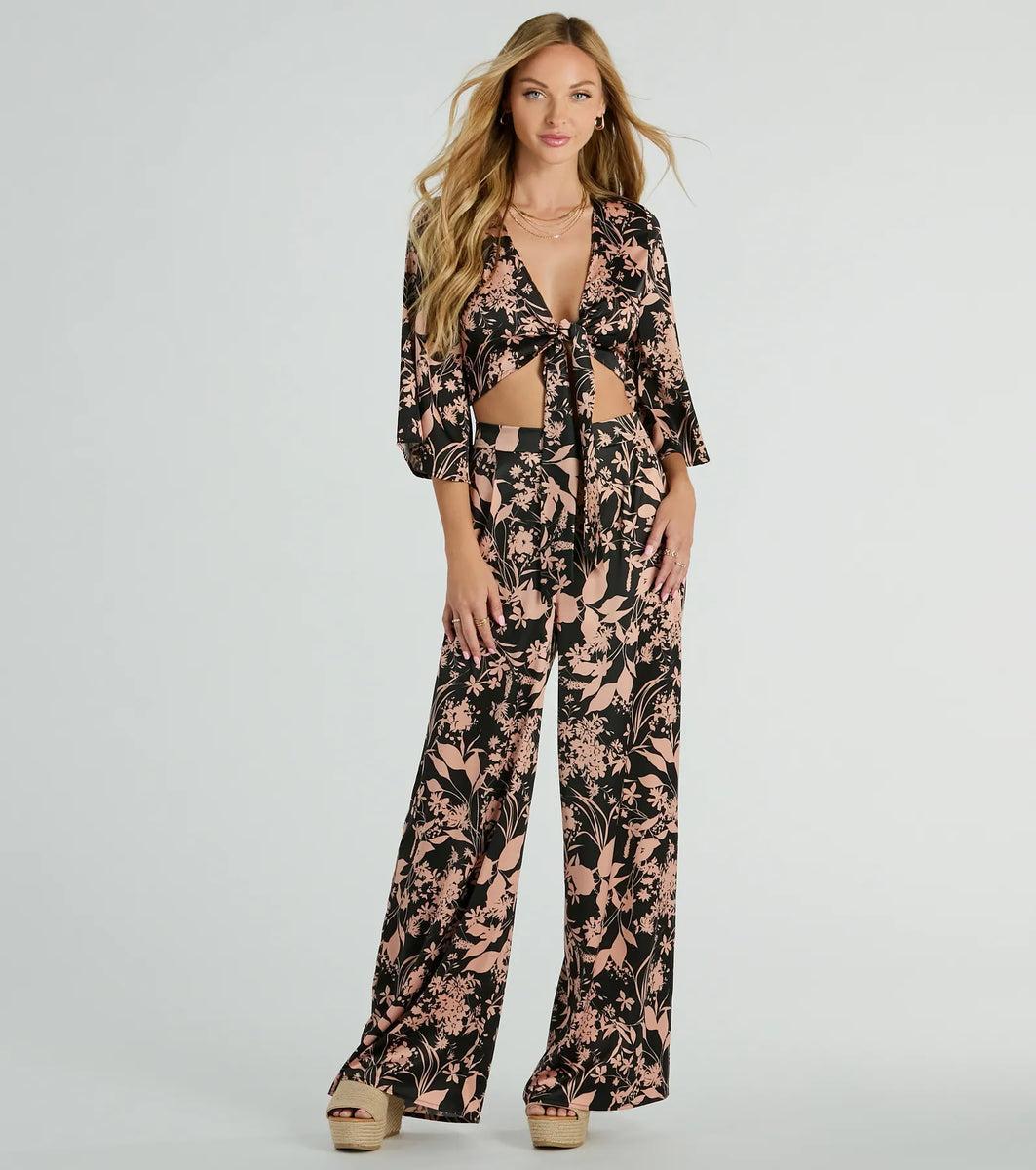 Flawless Floral Kimono Tie-Front Satin Crop Top Product Image