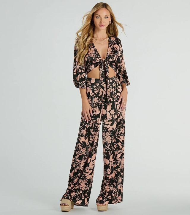 Flawless Floral Kimono Tie-Front Satin Crop Top Product Image