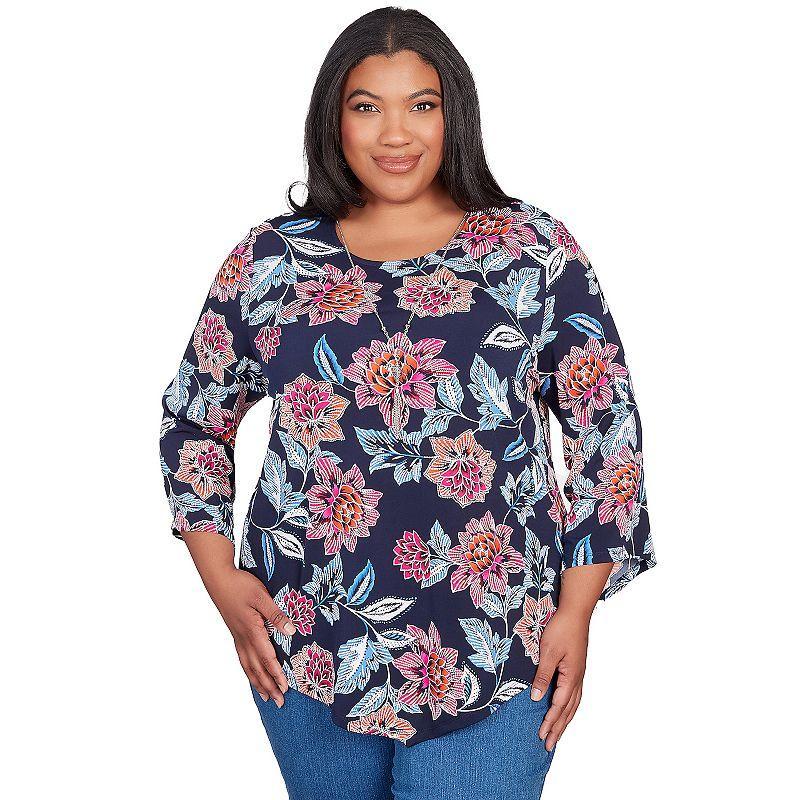 Plus Size Alfred Dunner Puff Print Classic Floral Top with Necklace, Womens Blue Product Image