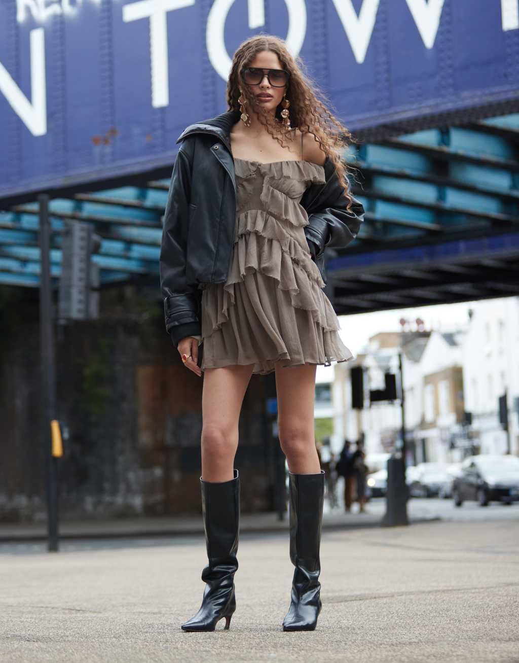 ASOS DESIGN ruffle off-shoulder tiered mini dress in khaki Product Image