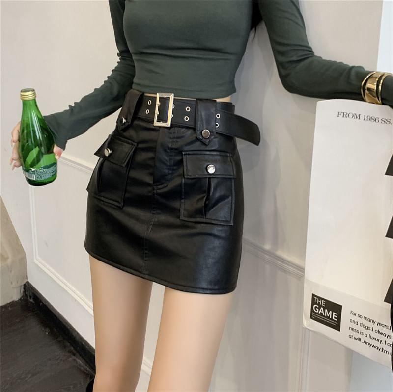 High Waist Plain Faux Leather Mini Pencil Skirt Product Image