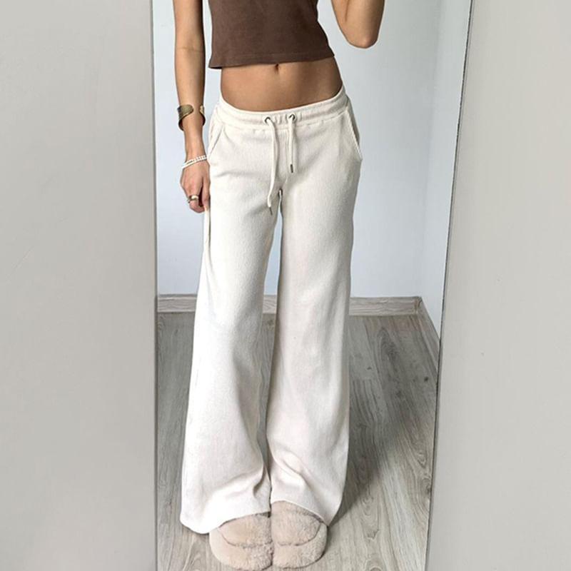 Low Rise Drawstring Plain Knit Straight-Fit Wide-Leg Pants Product Image