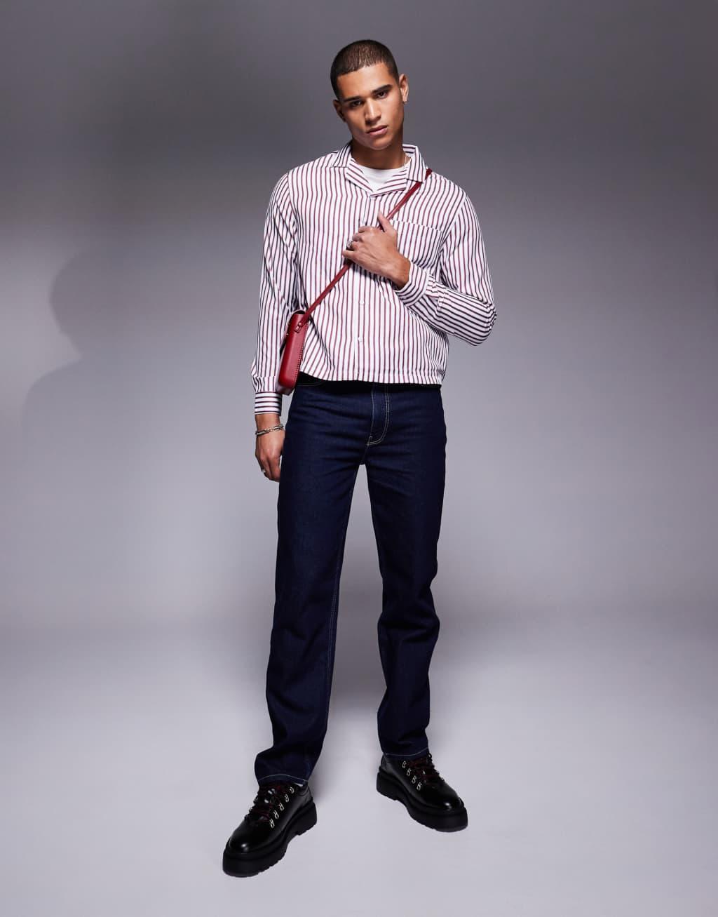 ASOS DESIGN boxy relaxed camp collar shirt in burgundy and pink stripe Product Image