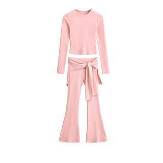 Long-Sleeve Crew Neck Plain Crop T-Shirt / Mock Two-Piece Tie Front Flared Sweatpants Product Image