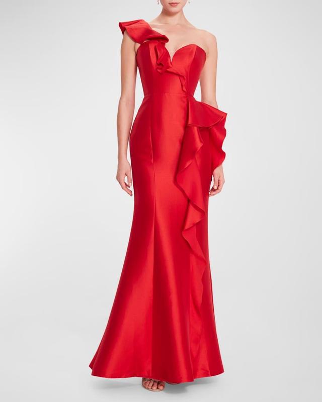 One-Shoulder Ruffle Trumpet Gown Product Image