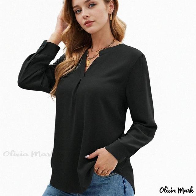 Olivia Mark –  Classic V-neck Chiffon Blouse with Relaxed Fit, Solid Color, and Long Sleeves Product Image