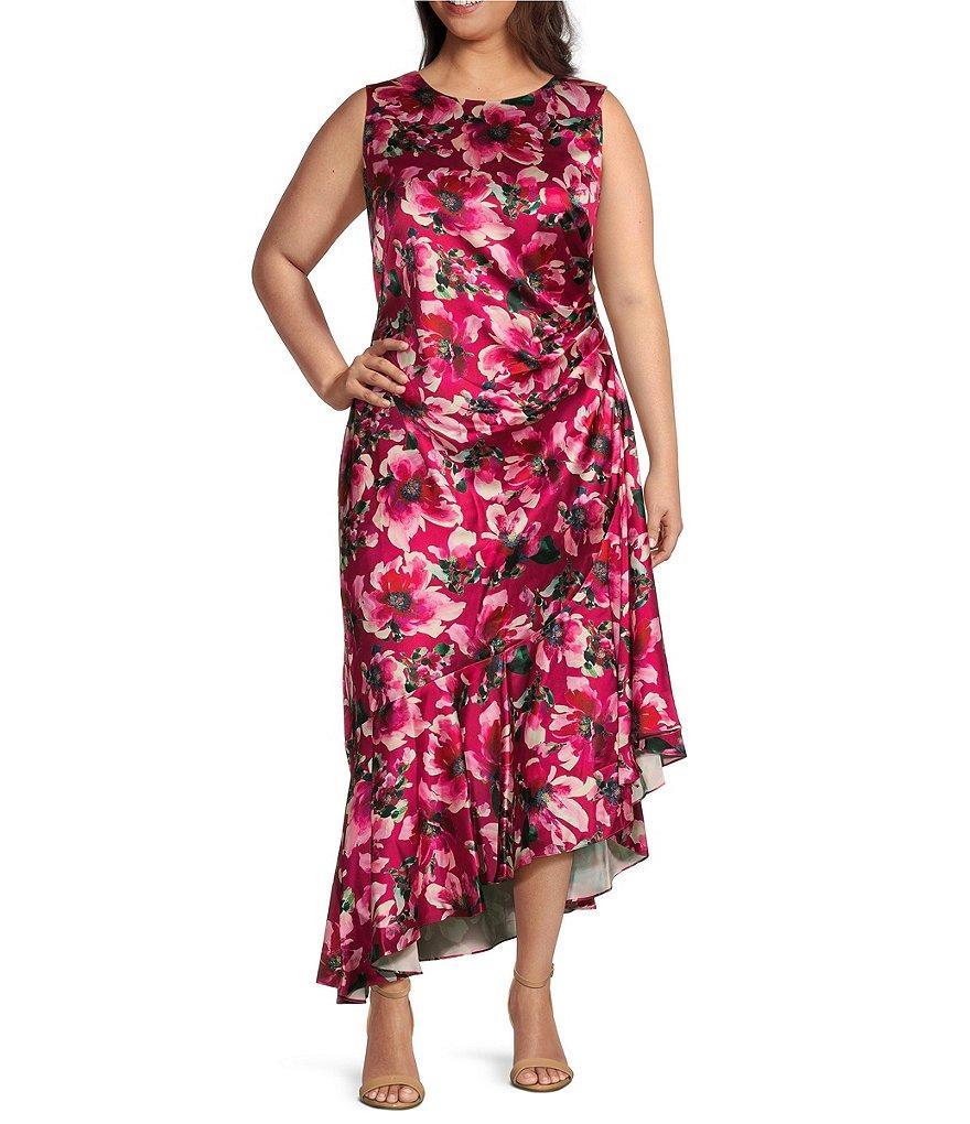 Eliza J Plus Size Sleeveless Crew Neck Asymmetrical Ruffle Hem Floral Midi Dress Product Image