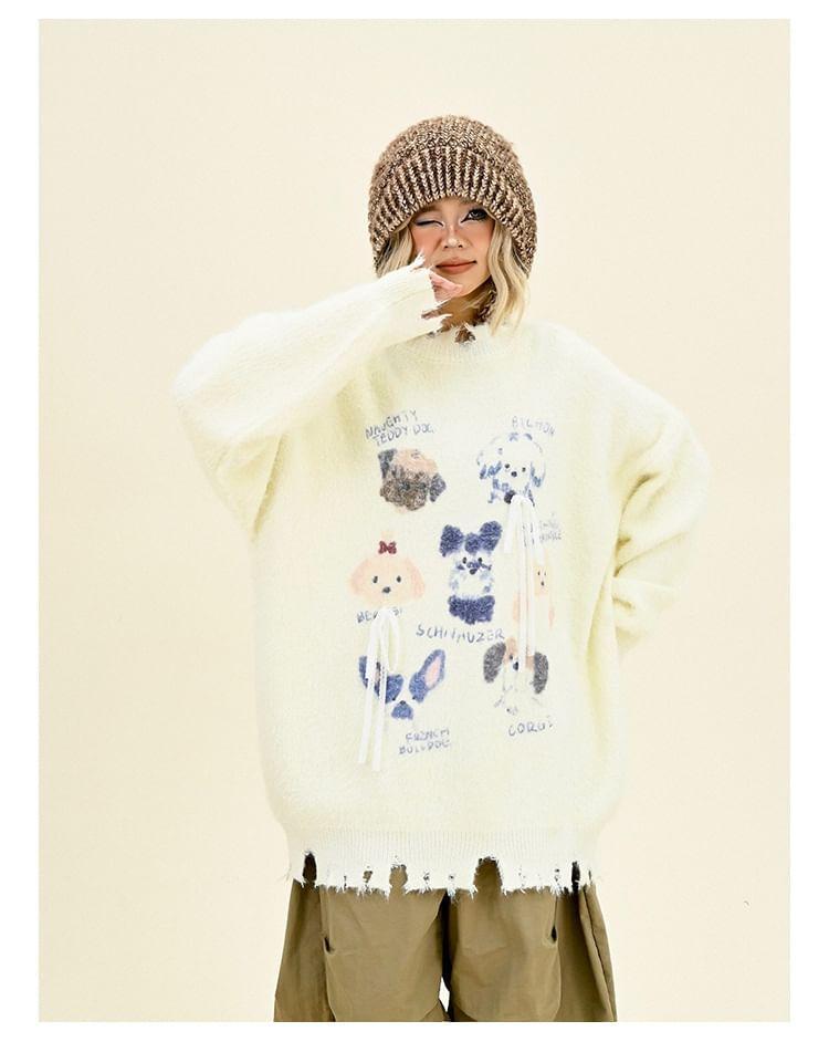 Drop Shoulder Round Neck Dog Print Distressed Oversized Sweater Product Image