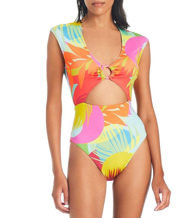 Sanctuary Palm Hottie Tropical Print Cap Sleeve Plunge-V One Piece Swimsuit Product Image