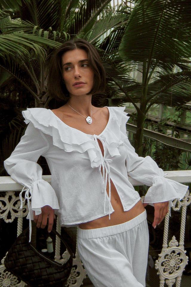 Frilled Neck Linen Blend Blouse Product Image