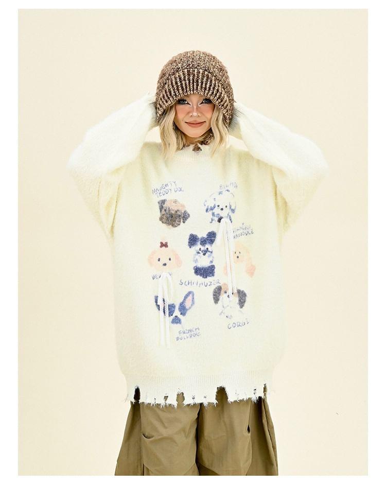 Drop Shoulder Round Neck Dog Print Distressed Oversized Sweater Product Image