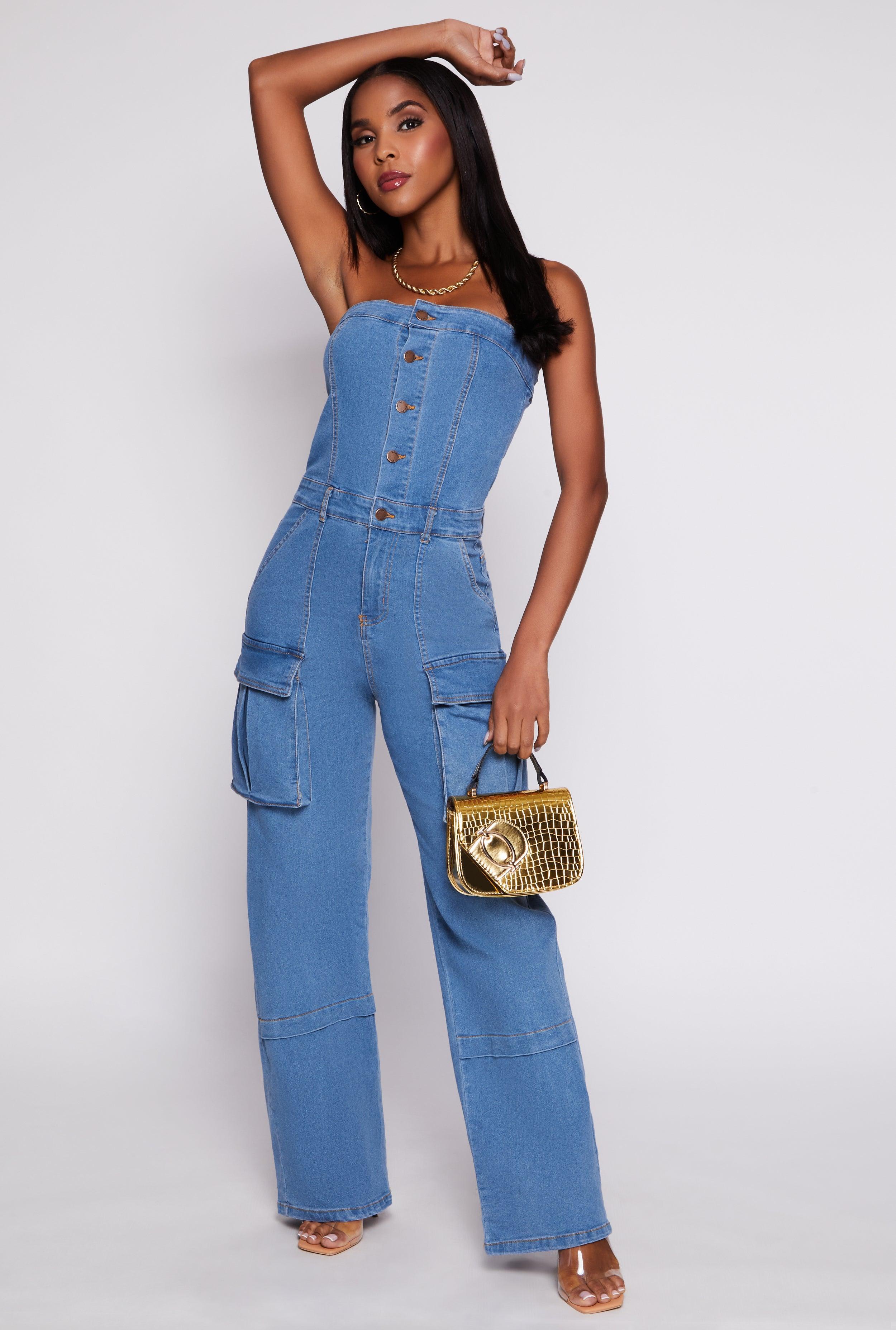 Womens Daisy Strapless Denim Cargo Jumpsuit Product Image