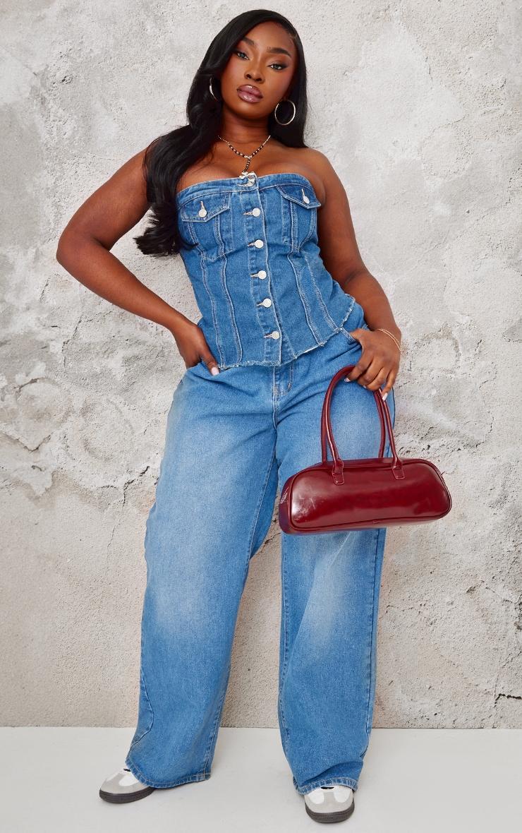 Plus Light Blue Contrast Seam Detail Pocket Front Corset Bandeau Denim Top Product Image